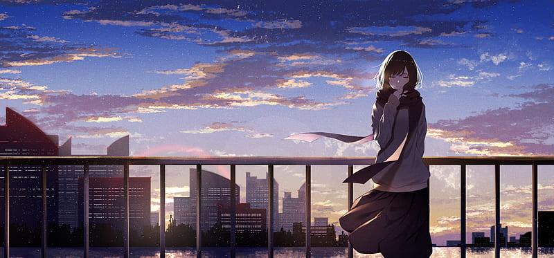 anime girl, landscape, closed eyes, fence, scenic, clouds, scarf, stars, Anime, HD wallpaper