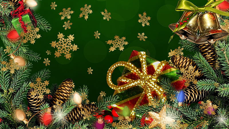 Christmas in Greens, Christmas, Feliz Navidad, lights, pine cones, sparkle, gold, green, pine, snowflakes, fir, bells, gifts, spruce, HD wallpaper