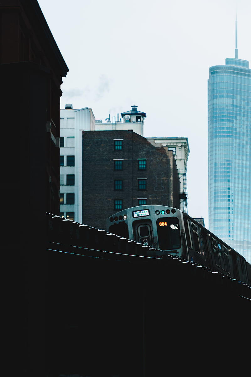 train, bridge, buildings, city, HD phone wallpaper