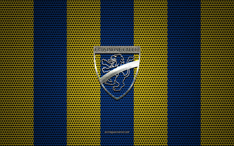 Frosinone Calcio logo, Italian football club, metal emblem, blue-yellow metal mesh background, Frosinone Calcio, Serie B, Frosinone, Italy, football, HD wallpaper