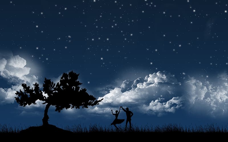 Stars, Night, Love, Dance, Silhouette, Couple, Tree, Starry Sky, Artistic, Cloud, HD wallpaper
