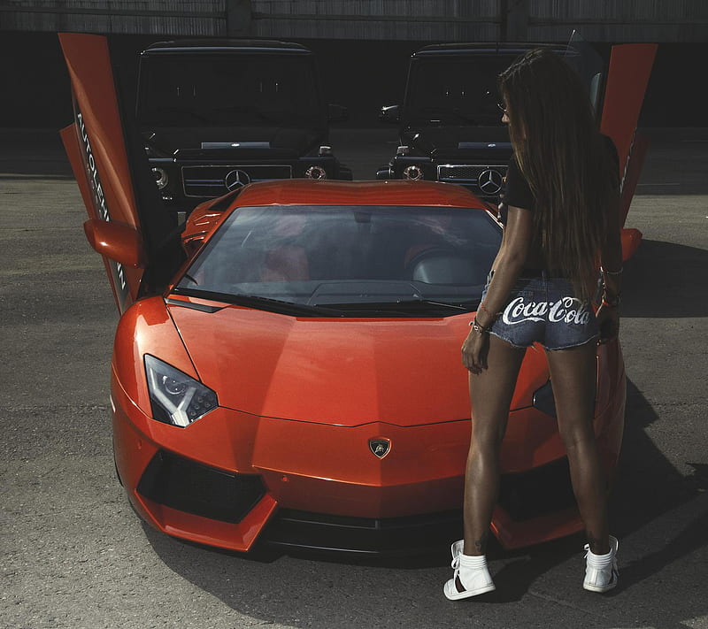 Lamborghini, coca cola, girl, lamborghini aventador, red, HD wallpaper