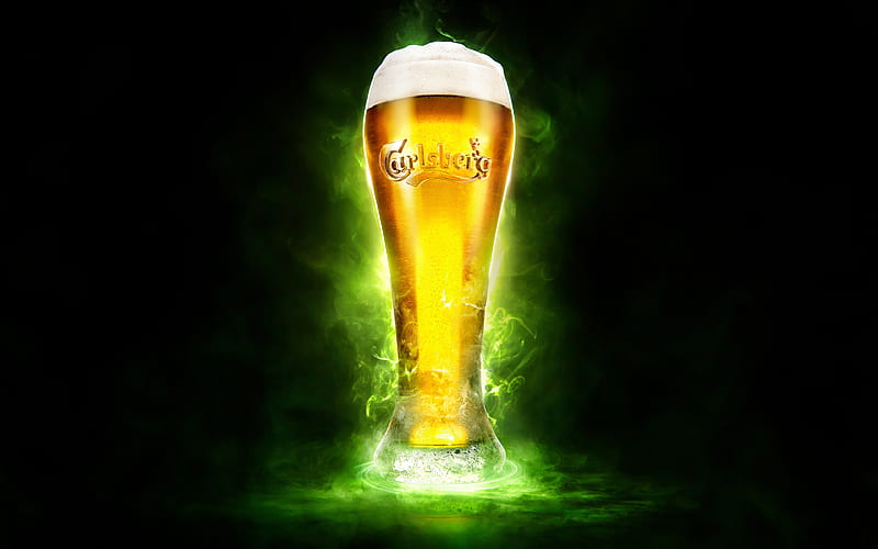 Carlsberg beer, green smoke, glass, HD wallpaper