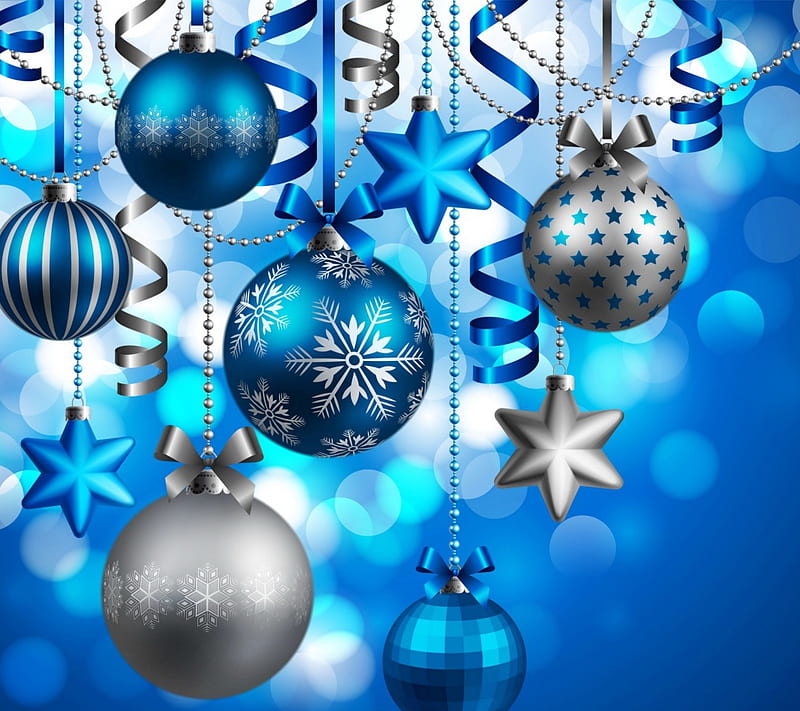 Blue And Silver Ornaments, stars, Christmas, lovely, holiday, hanging, bows, Silver, festive, snowflakes, decorations, beads, Blue, HD wallpaper