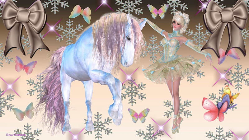 Winter Performers, pretty, ballerina, unicorn, bonito, magic, horse, winter, snowflake, fantasy, pegasus, girly, butterfly, snow, magical, pastel, fairy, HD wallpaper