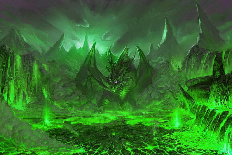 Dragon Rising, lava, fantasy, dragon, green, HD wallpaper