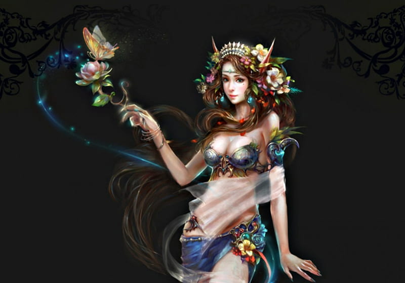 Elf girl, game, woman, fantasy, butterfly, girl, green, flower, beauty, elda-qd, pink, blue, HD wallpaper