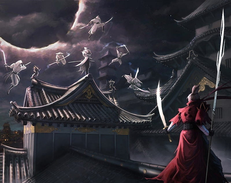 Ninja Attack, swords, roof, ninjas, magic, white, castle, master, HD wallpaper