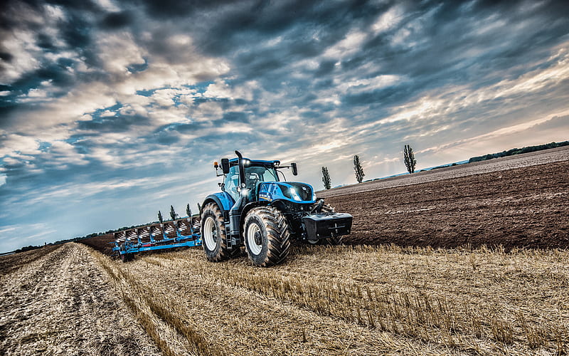 New Holland T7 315 plowing field, 2019 tractors, agricultural machinery, blue tractor, R, tractor in the field, agriculture, harvest, New Holland Agriculture, HD wallpaper