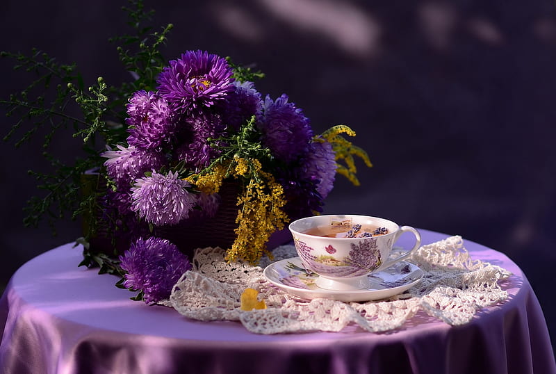 Time for tea, lace, background, yellow, tea, still life, graphy, flowers, drink, beauty, pink, tablecloth, abstract, shades, purple, dark, cup, white, HD wallpaper