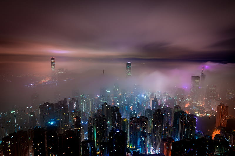 Hong Kong Buildings Night Lights Mist, hong-kong, world, lights, city, buildings, mist, HD wallpaper