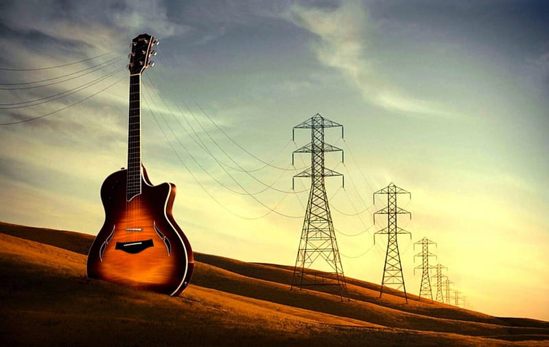 Guitar, hill, pylons, music, HD wallpaper