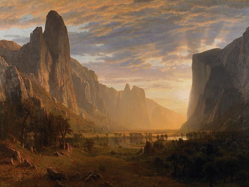 Albert Bierstacht. 'Looking Down Yosemite Valley.', painting, art, yosemite, american, HD wallpaper