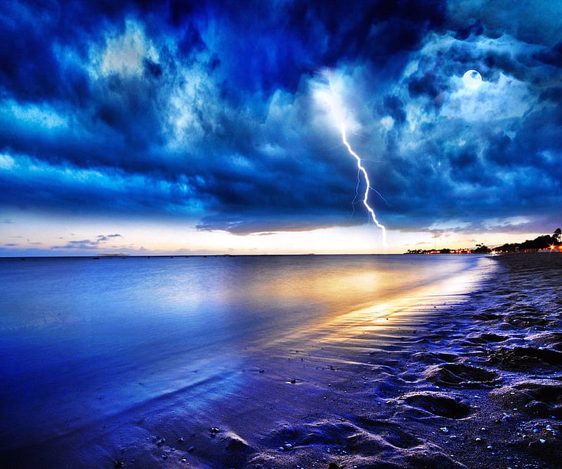 blue glory, sand, water, ligtning, clouds, HD wallpaper