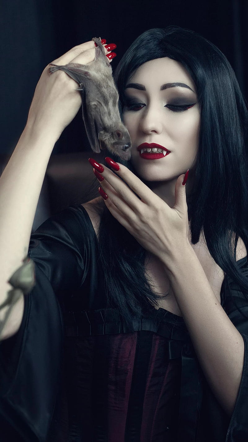 Vampire, bath, black hair, dracoula, female, female vampire, red lips, red nails, teeth, HD phone wallpaper