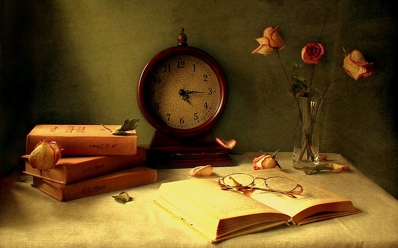 Tea Time, table, books, vase, clock, tablecloth, eyeglasses, pink roses, pink books, HD wallpaper