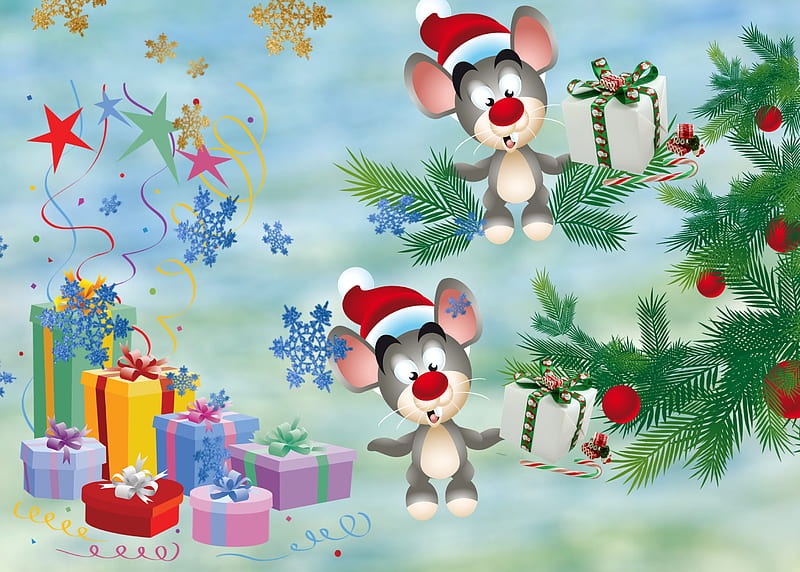Santa helpers, Christmas, helpers, snowflakes, background, monkies, trees, Santa, toys, HD wallpaper