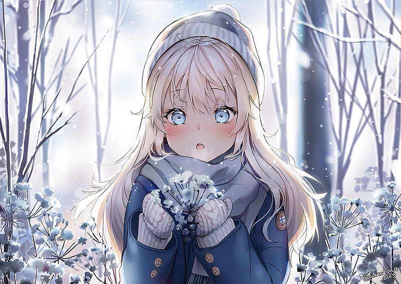 Valley of Serenity, Sunako, Long Hair, Girl, Shy, Snow, Blonde Hair, Coat, Anime, Paradise, Cold, bonito, Gloves, Winter, Sweet, Blush, Scarf, Trees, Awesome, Hat, Aqua Eyes, Blue Eyes, Lovely, Scenic, Plant, Cute, Beauty, HD wallpaper