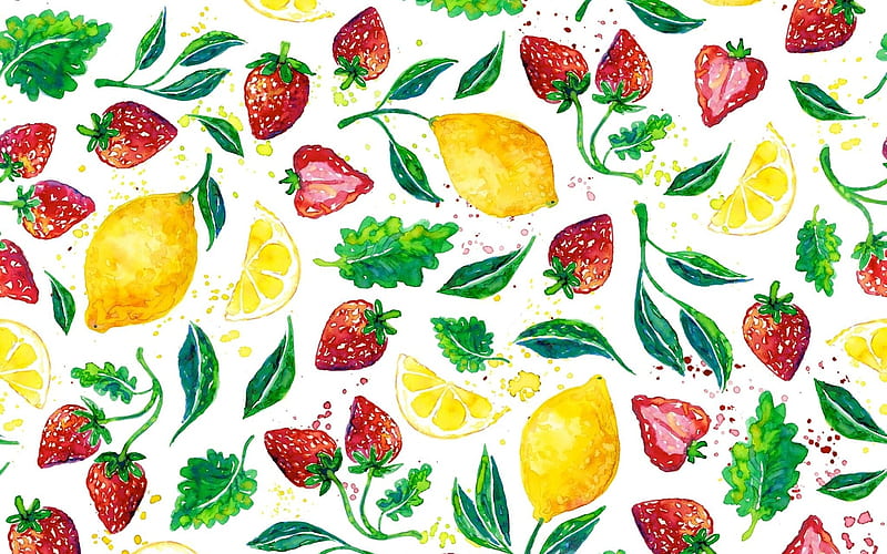 Texture, summer, yellow, fruitstrawberry, red, strawberry, leaf, lemon, fruit, capsuni, alexandra franzese, vara, green, HD wallpaper