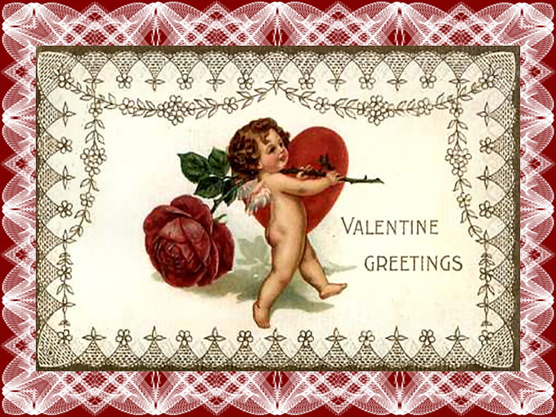 Valentine Postcard (XII) F2, valentines day, art, romance, victorian, rose, postcard, valentine, corazones, artwork, floral, cupids, love, painting, flower, HD wallpaper
