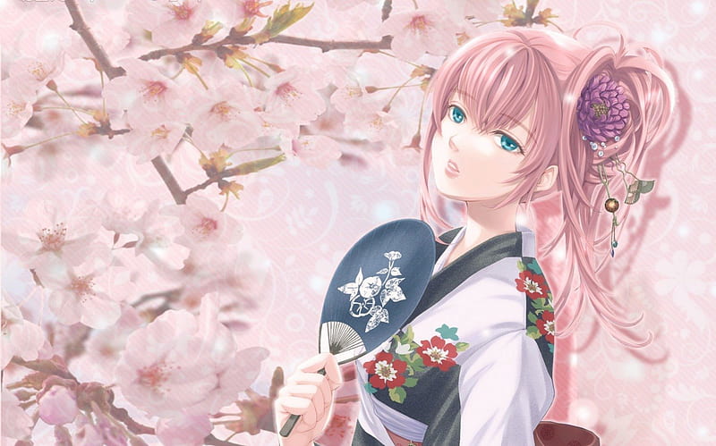 Megurine Luka, bloom, manga, spring, branch, kimono, girl, anime, flower, fan, pink, blue, HD wallpaper