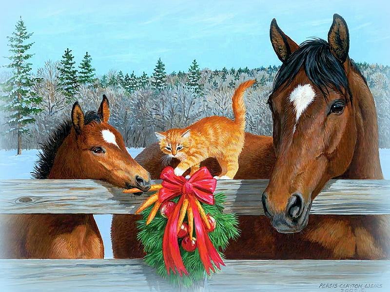 ★Holiday Winter Treats★, colorful, wreath, holidays, colors, bonito, cat, xmas and new year, horses, winter, paintings, animals, HD wallpaper