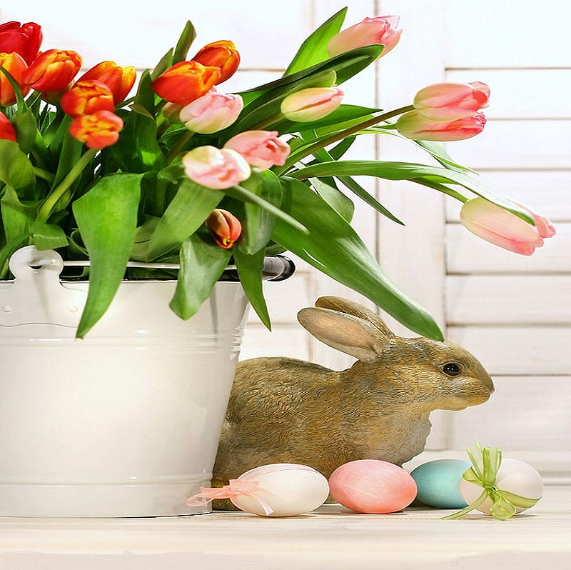 Easter, orange, easter egg, bonito, bow, bucket, pail, egg, pink egg, nice, flowers, tulips, pink, blue, rabbit, ribbon, ears, bunny, HD wallpaper
