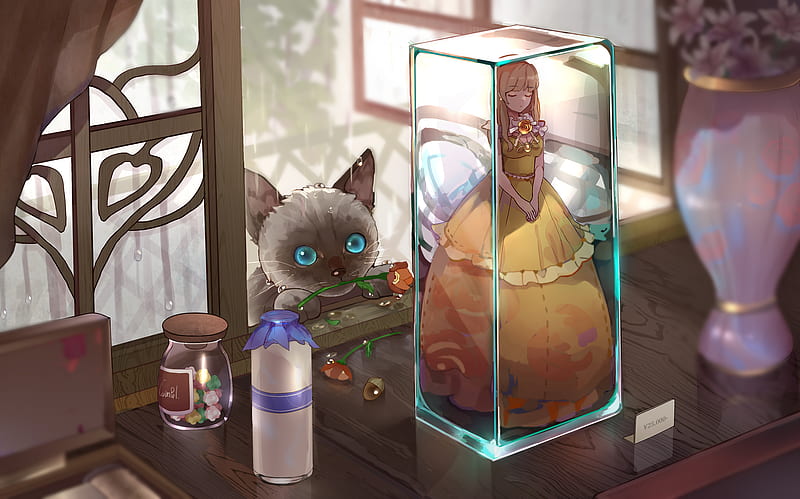 Anime, Original, Antique, Cat, Girl, HD wallpaper