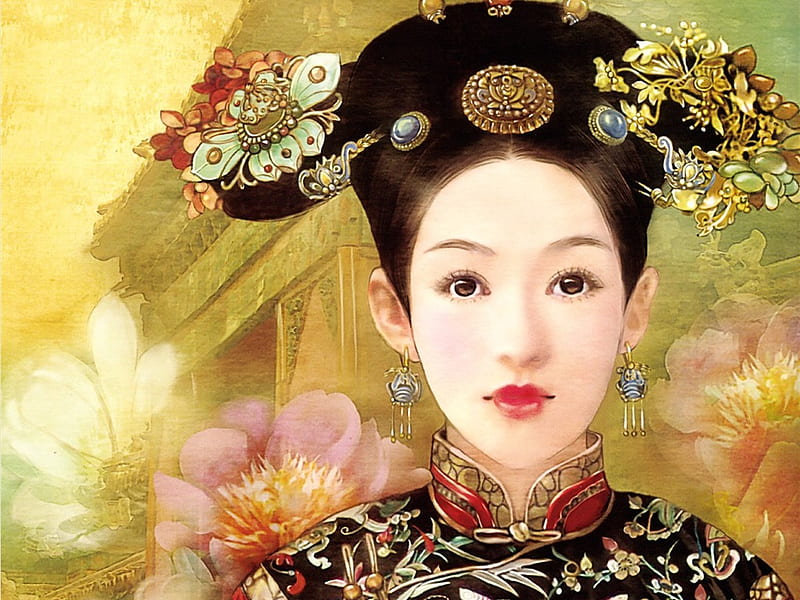 Qing Dynasty Woman 2, flowers, face, headdress, woman, HD wallpaper