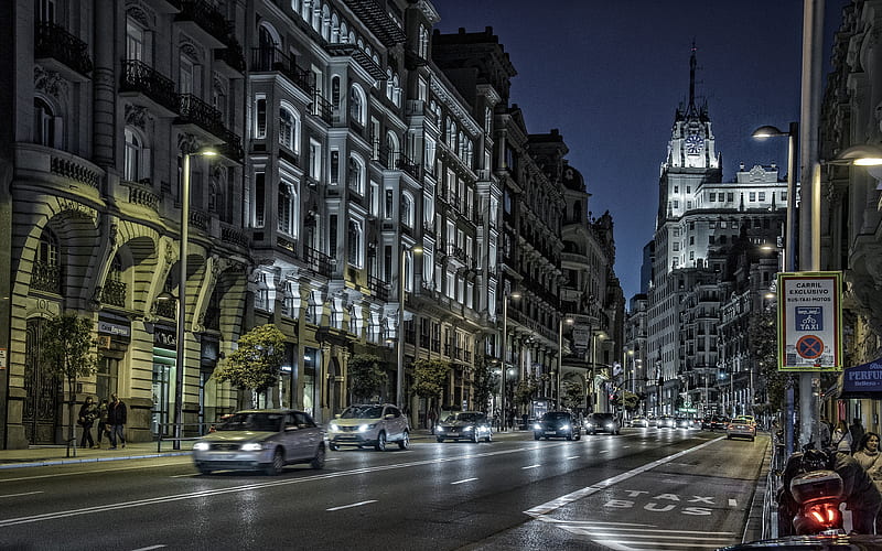 Madrid street, nightscapes, spanish cities, Spain, Europe, Madrid at night, HD wallpaper