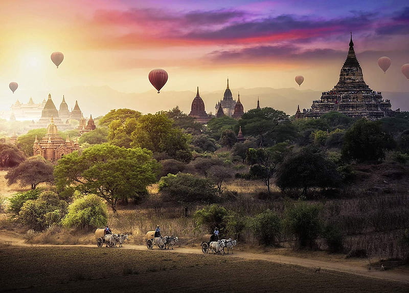 Hot Air Balloons over Myanmar, colors, sunset, clouds, sky, buildings, HD wallpaper