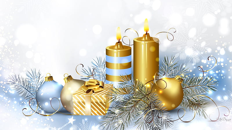 Blue and Gold Christmas, feliz navidad, holidays, christmas, new years, tinsel, decoratins, gift, lights, candles, bokeh, gold, balls, presents, Firefox Persona theme, blue, HD wallpaper
