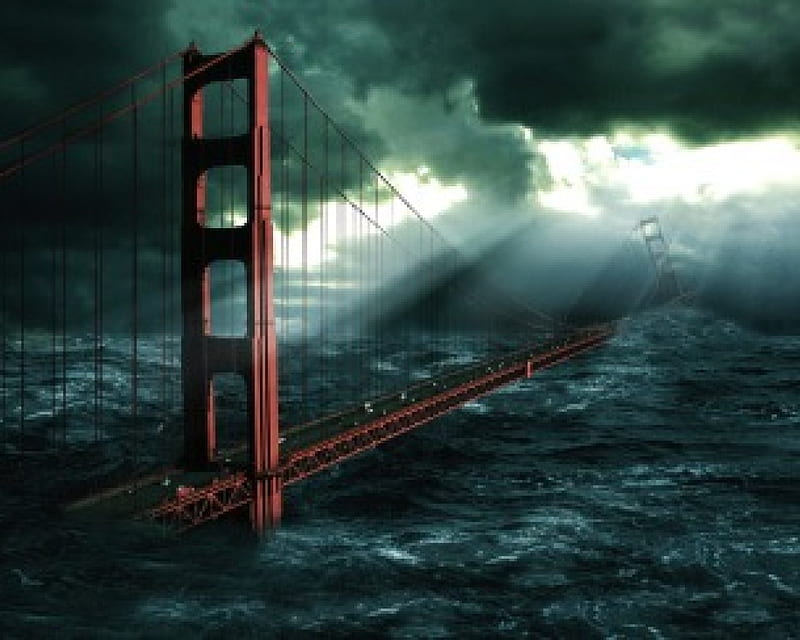 Destruction, water, bridge, ocean, flood, waves, storm, HD wallpaper