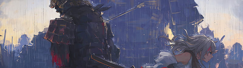 Samurai Fighting Anime Girl, Dual Monitor Samurai, HD wallpaper
