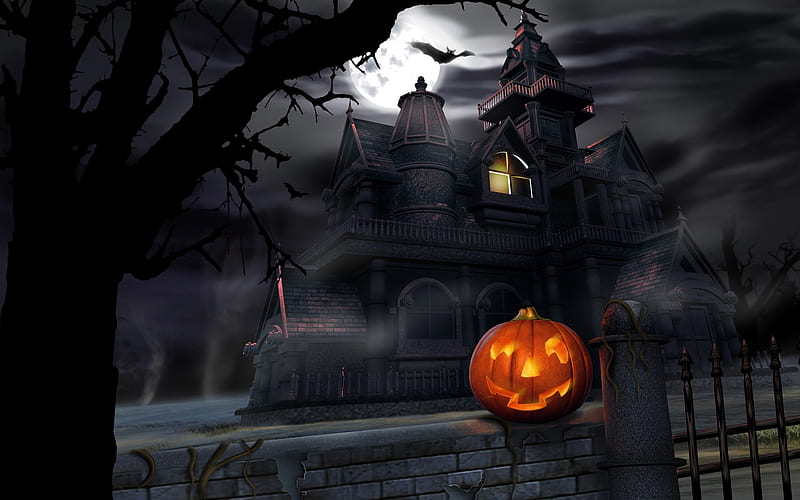halloween, pumpkin, scary, moon, bat, Fantasy, HD wallpaper