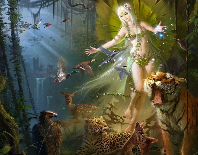 Harmony With Mother Earth, Fairy, Fantasy, Animals, Peace, HD wallpaper