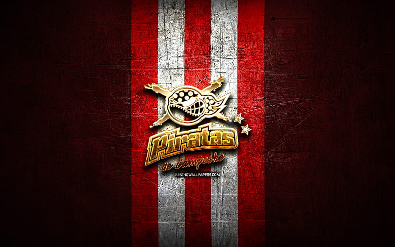 Piratas de Campeche, golden logo, LMB, red metal background, mexican baseball team, Mexican Baseball League, Piratas de Campeche logo, baseball, Mexico, HD wallpaper