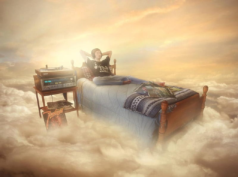 the dream walker, music, man, clouds, sleeping, bed, 3d, heaven, stereo, laying, HD wallpaper