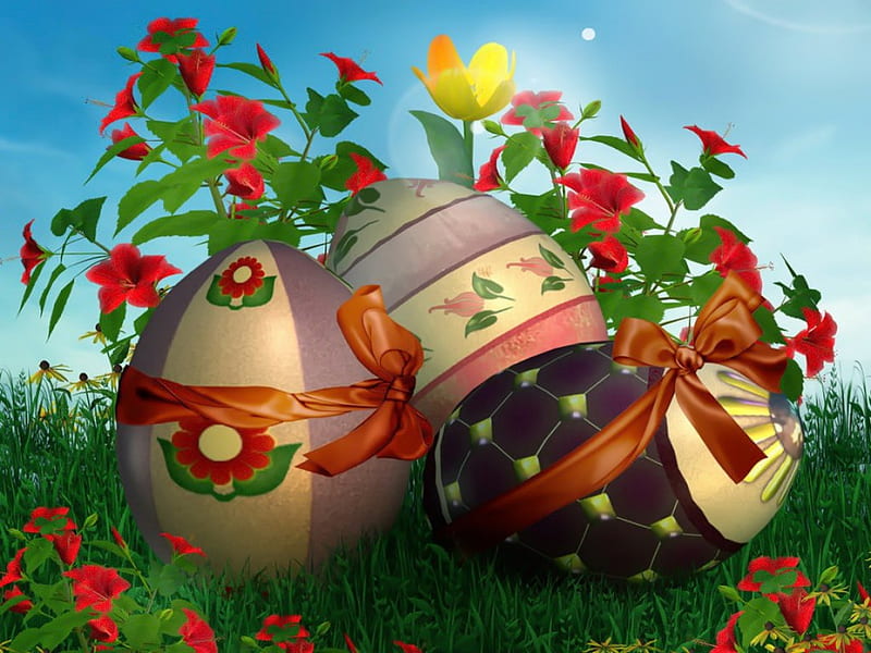 Easter eggs, pretty, colorful, lovely, grass, time, freshnews, bonito, easter, sky, eggs, flowers, fiels, meadow, HD wallpaper