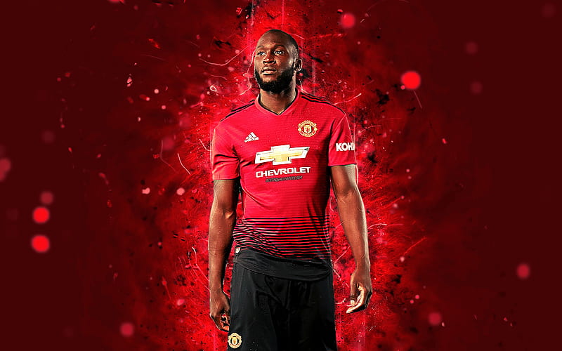 Romelu Lukaku season 2018-2019, footballers, Manchester United, neon lights, Premier League, Lukaku, soccer, fan art, football, Man United, HD wallpaper