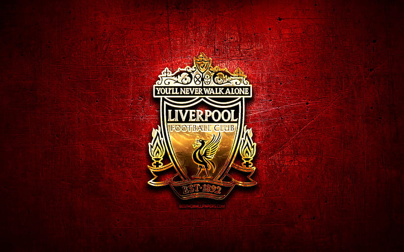 Liverpool FC, golden logo, Premier League, LFC, red abstract background, soccer, english football club, Liverpool logo, football, Liverpool, England, HD wallpaper