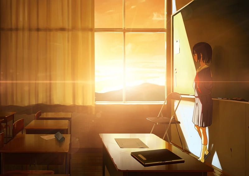 Tranquil Sunset, Light and Shadow, Anime, Smile, Classroom, Sunset, School Uniform, Seifuku, Blackboard, Big Eyes, Anime Girl, HD wallpaper