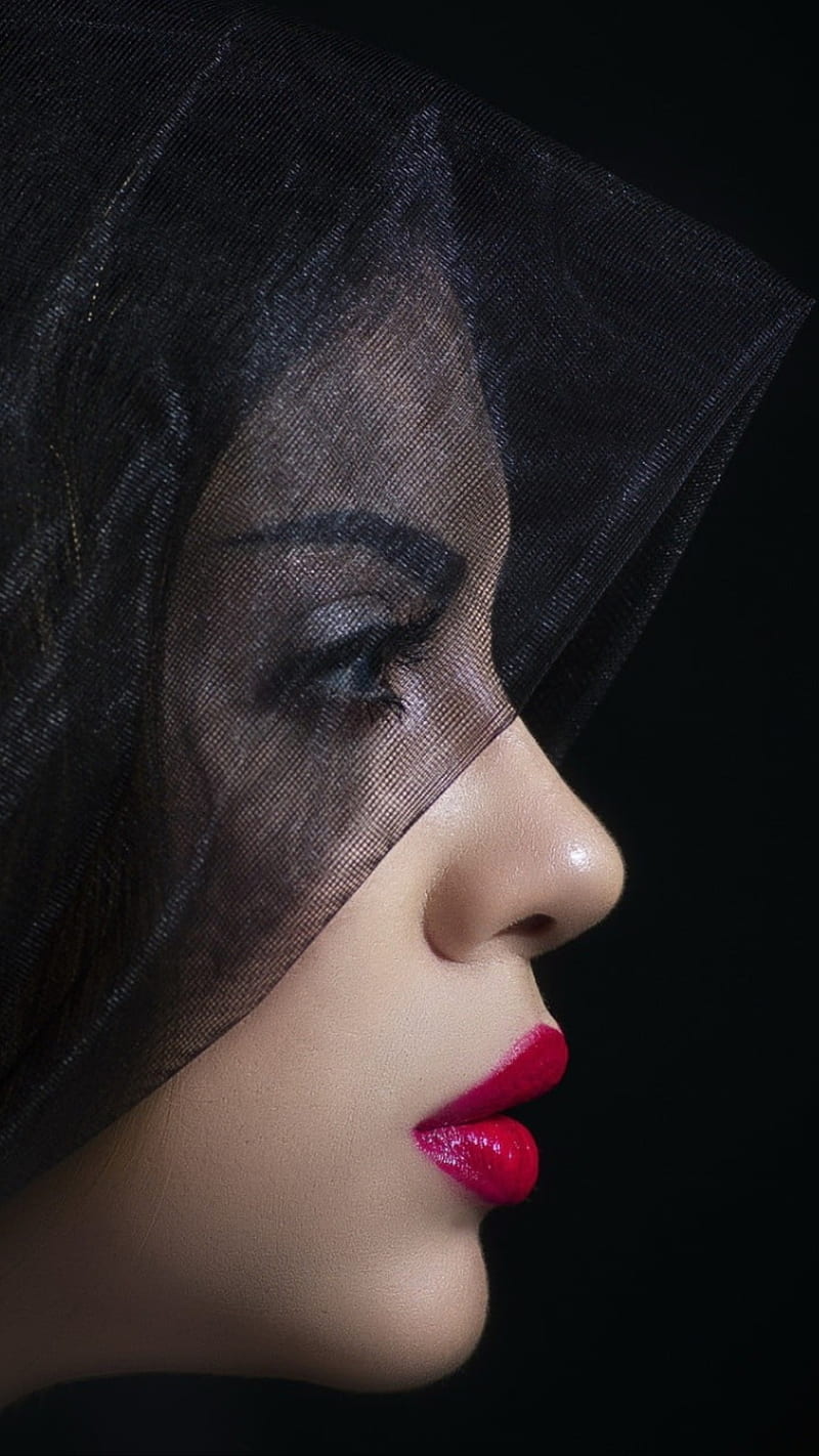 Portrait, bonito, beauty, black profil, red lips, woman, HD phone wallpaper