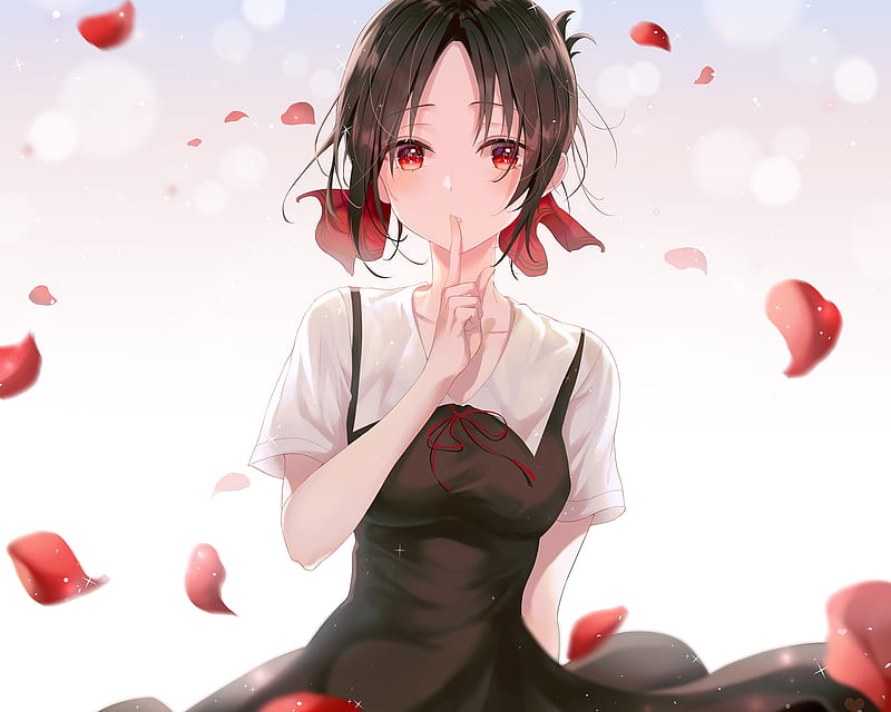 kaguya-sama wa kokurasetai, shinomiya kaguya, shhh, red petals, dress, Anime, HD wallpaper