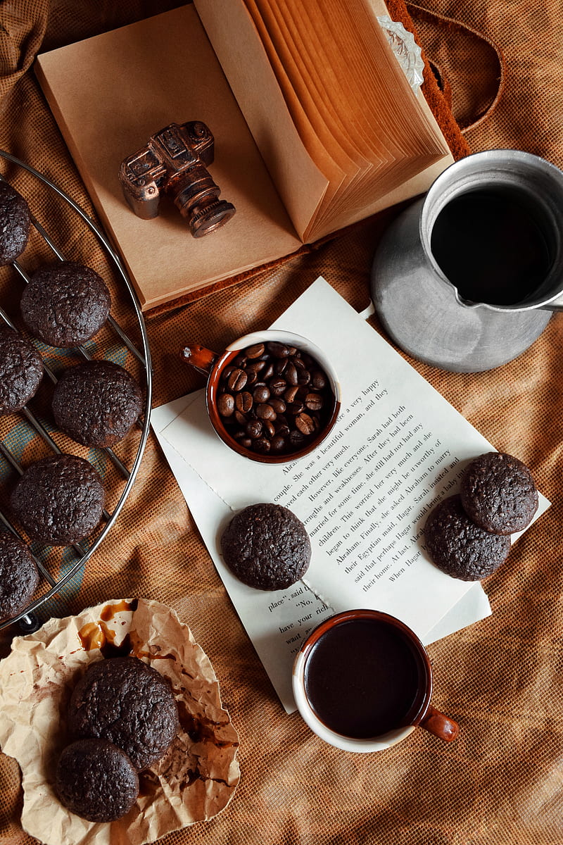 coffee, cookies, cup, book, HD phone wallpaper