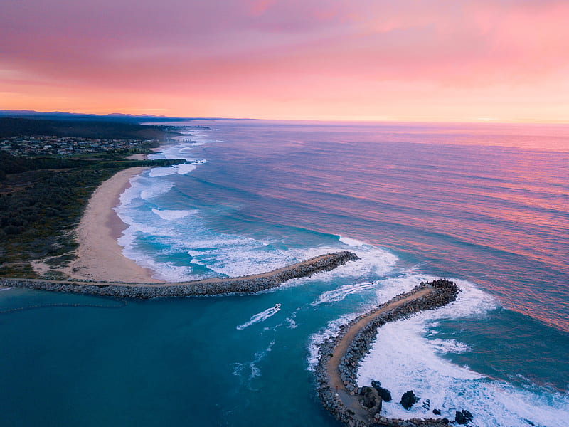 bay, ocean, aerial view, coast, sunset, HD wallpaper
