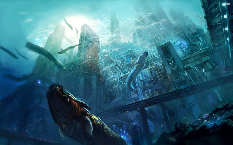 underwater megalopolis, city, merman, fish, ocean, HD wallpaper