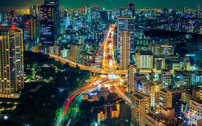 Tokyo, night, skyscrapers, traffic lights, nightscape, japan, HD wallpaper