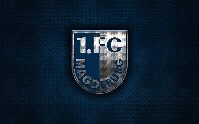 Magdeburg FC, blue metal background, Bundesliga 2, german football club, metal logo, football, soccer, FC Magdeburg, Germany, Magdeburg logo, HD wallpaper