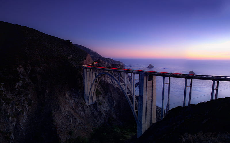 bridge, sea, cliff, lights, night, sky, long exposure, HD wallpaper